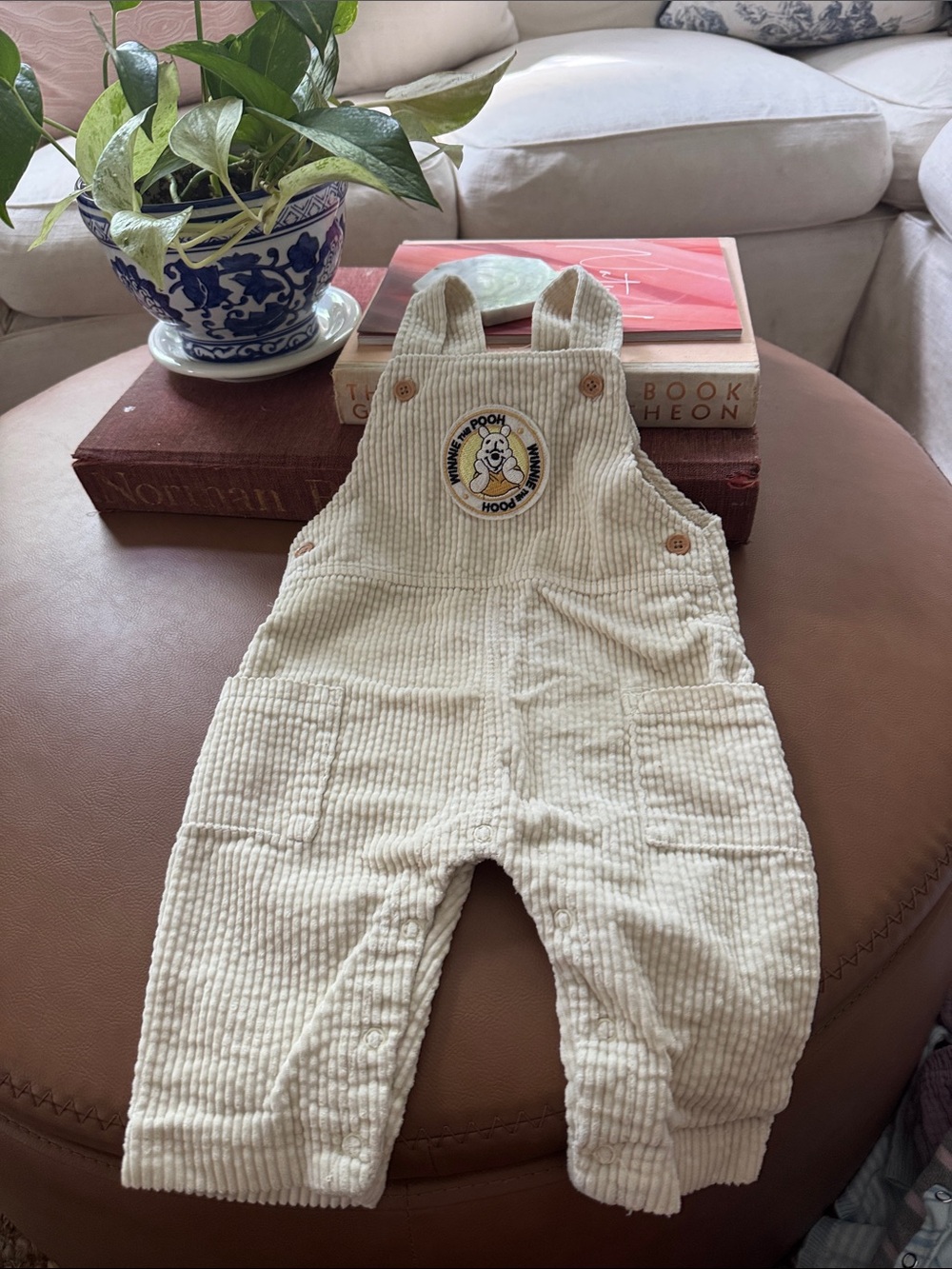 Vintage Cream Corduroy Baby Overalls with Winnie the Pooh Patch